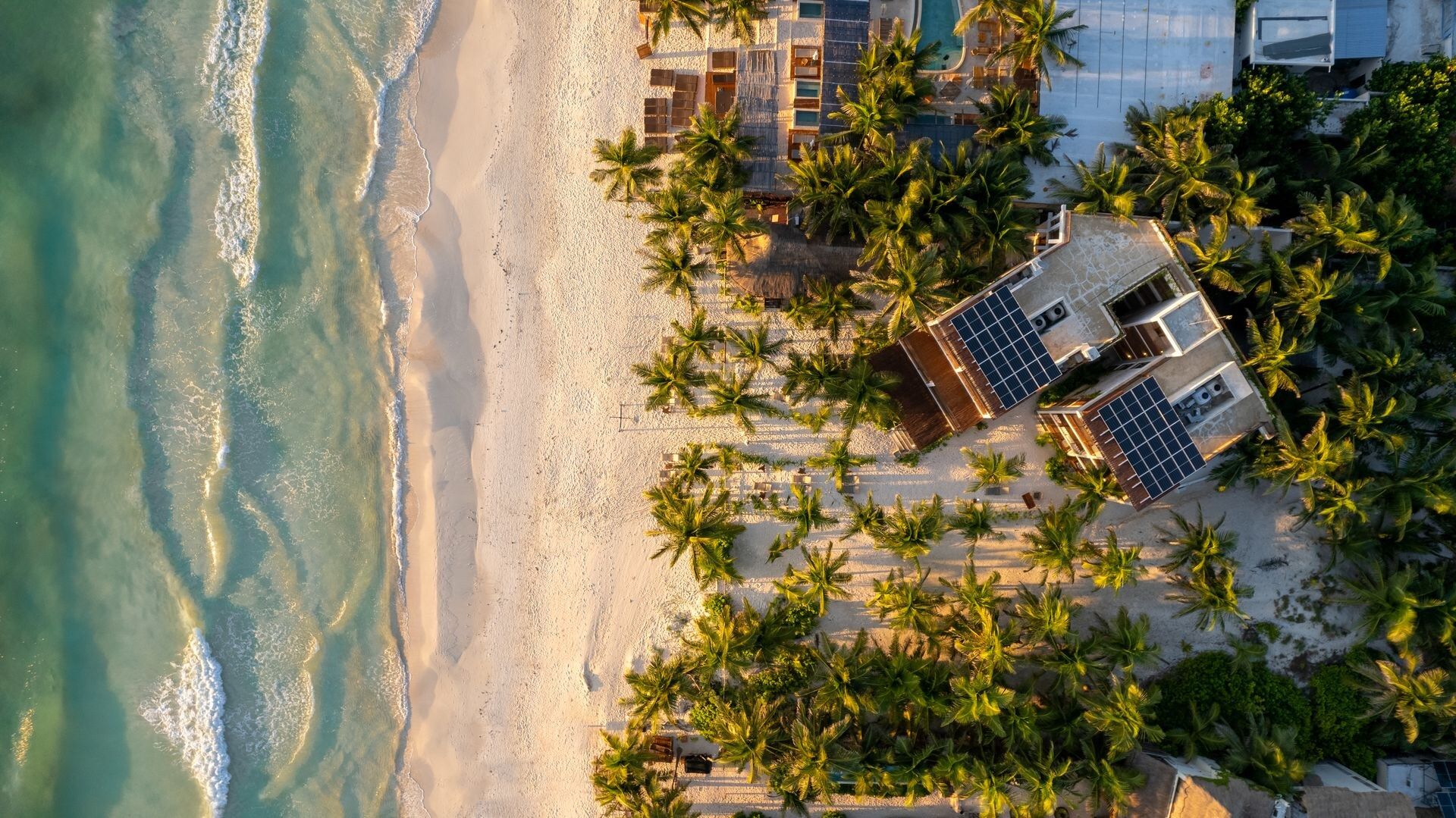 Vista cenital del hotel: la playa, las palmas y los paneles solares en el techo